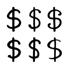 Set of hand drawn dollar currency symbol. Brush stroke doodle. Single element for design