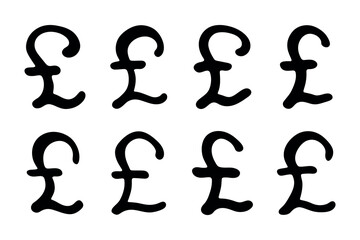 Set of hand drawn british pound currency symbol. Brush stroke doodle. Single element for design