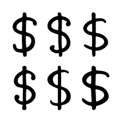 Set of hand drawn dollar currency symbol. Brush stroke doodle. Single element for design