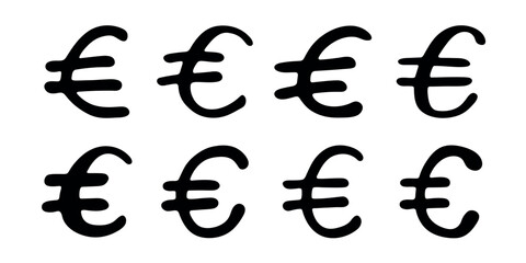 Set of hand drawn euro currency symbol. Brush stroke doodle. Single element for design