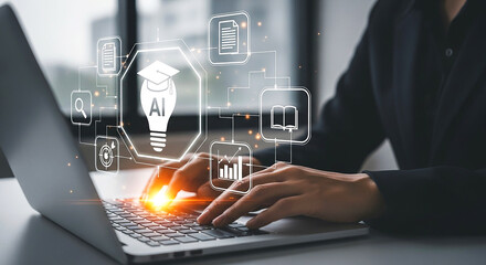 Person typing on a laptop with ai and education icons floating above the keyboard and screen area