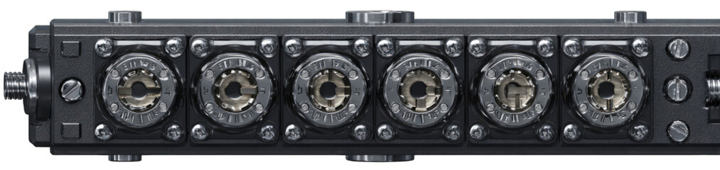 Black audio connector panel with multiple jacks