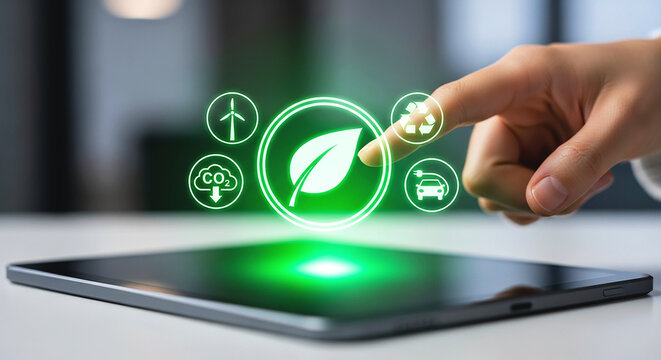 A person touching a tablet displaying green energy icons like wind turbine and electric car symbols