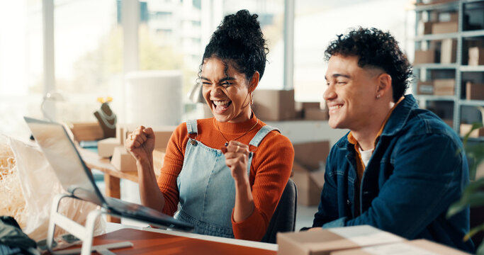 Happy people, fist pump or winning with laptop in logistics for good news, online review or deal. Man, woman or excited distribution team with smile in celebration for small business success together