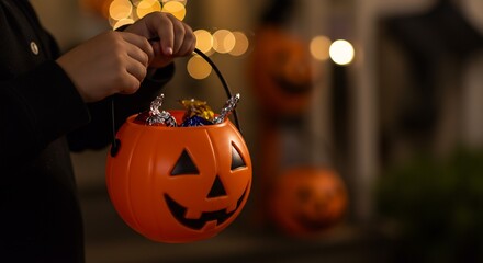 Child holds an orange jackolantern candy bucket full of wrapped candies  Other Halloween decor is visible in the background