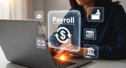 Woman using laptop with payroll interface icons displayed for financial management and accounting tasks