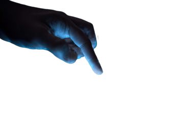 Close-up of a hand, finger pointed,  glowing blue light