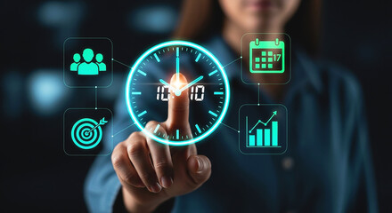 A person interacting with a digital clock and icons representing business concepts on a dark background