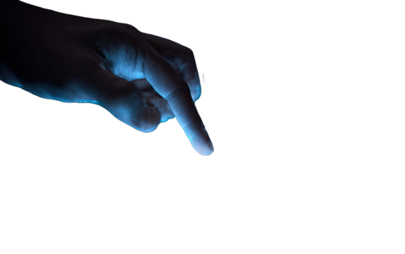 Close-up of a hand, finger pointed,  glowing blue light