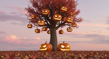 Spooky pumpkins hanging from an autumnal tree, resting amongst fallen leaves under an orange sky