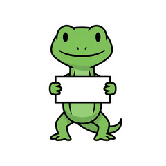 Fototapeta premium Friendly Cartoon Lizard Holding a Blank Sign with Cheerful Expression in White Background Perfect for Advertisement and Marketing