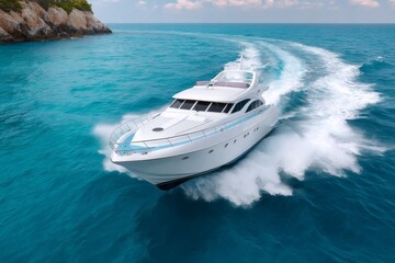Fototapeta premium Luxury yacht sailing near rocky coast in turquoise water