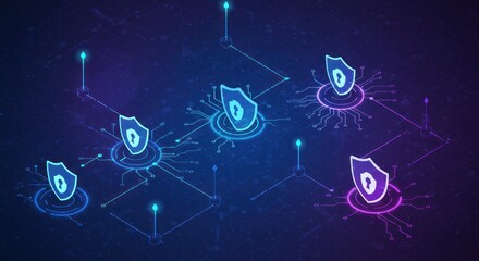 Cyber security shields protect data in a network, glowing blue and violet