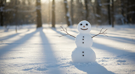 Smiling Snowman Standing in Snowy Winter Forest with Bright Sunlight