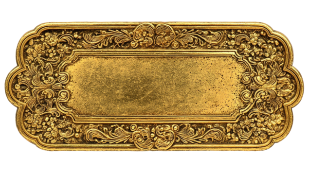 Ornate gold-toned rectangular plaque with detailed floral carvings