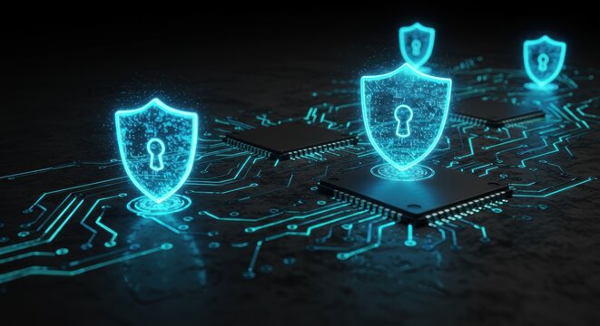 Glowing blue shields hover over chips atop a circuit board design in a darkened background - Powered by Adobe