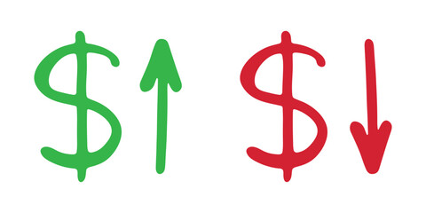 Hand drawn dollar currency symbol Growth and fall profit with arrow up and down Brush stroke doodle Element for design