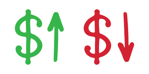 Hand drawn dollar currency symbol Growth and fall profit with arrow up and down Brush stroke doodle Element for design