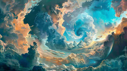 A dreamscape where each cloud forms a different painting 