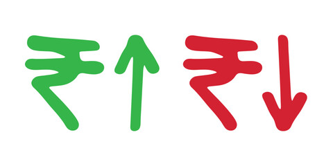 Hand drawn rupee currency symbol Growth and fall profit with arrow up and down Brush stroke doodle Element for design