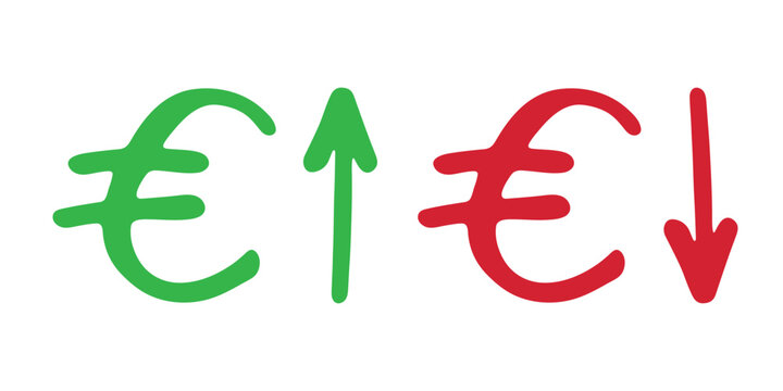 Hand drawn euro currency symbol Growth and fall profit with arrow up and down Brush stroke doodle Element for design