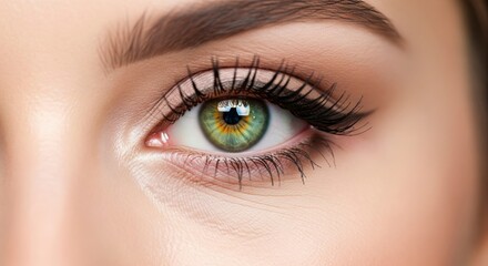 Fototapeta premium A closeup reveals a green eye adorned with dark lashes set against soft skin