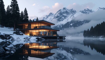 Fototapeta premium Modern luxury villa by a mountain lake, with glass walls, pine trees, snowy peaks, and peaceful water reflections.