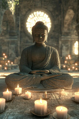 Fototapeta premium Serene Buddha Statue with Candles – AI Generative