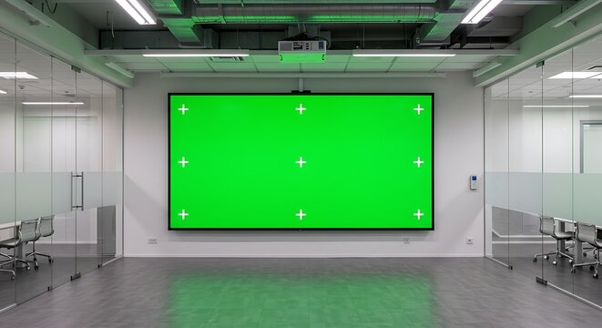 Modern Office Meeting Room with Green Screen Display for Presentations and Collaboration - Powered by Adobe