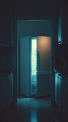 A refrigerator stands partially open, casting a soft light in a dimly lit kitchen at night