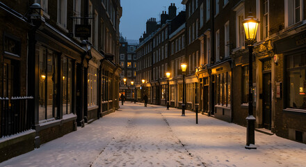 Obraz premium Snowy Alley With Glowing Lanterns on Winter Night in European City