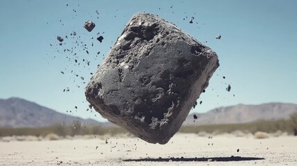 Levitating concrete block with debris in a desert landscape creates a surreal scene
