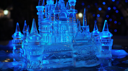 A fairytale castle carved from ice and glowing bluecc