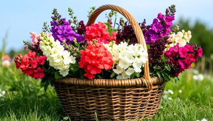 Colorful flowers in a wicker basket outdoors