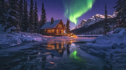 Fototapeta premium Winter Cabin with Northern Lights Reflection