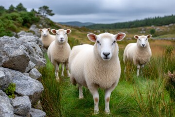 Obraz premium Sheep grazing in green field near stone wall in Connemara, Ireland