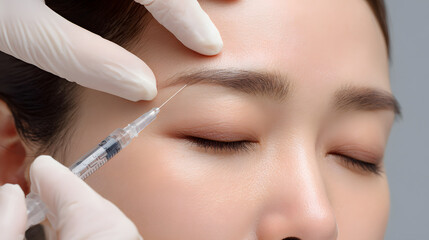 A young woman receiving face care treatment with hyaluronic acid and botox injections for anti-aging