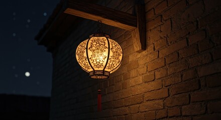 A glowing lantern hangs on a brick wall under a clear night sky. Warm light emanates from it, illuminating the textures of the facade
