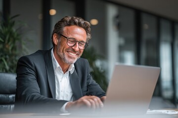 Portrait of a smiling businessman sitting on a sofa, using a laptop while working in the office. 