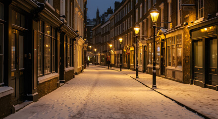 Fototapeta premium Snowy Alleyway at Night with Warm Yellow Lights