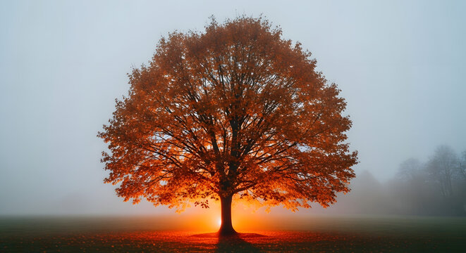 Enigmatic arboreal display of autumnal splendor bathed in a luminous aura amidst a misty atmosphere, evoking a sense of serene beauty and introspective contemplation