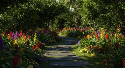 Fototapeta premium Lush garden path with vibrant flowers and foliage beneath a canopy of trees