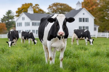 Holstein dairy cows grazing on green pasture in front of white barn