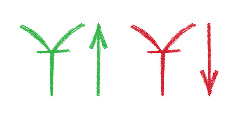 Hand drawn chinese yuan currency symbol Growth and fall profit with arrow up and down Brush stroke doodle Element for design