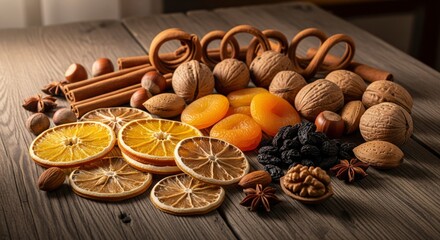 Fototapeta premium Assorted dried fruit cinnamon sticks nuts sit on a wooden table with window lighting in the background