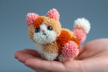 Fototapeta premium little craft cat made from pompoms standing on hand