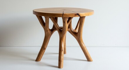 A round, natural wooden side table featuring a tree-like base supporting a smooth tabletop, set against a plain white background