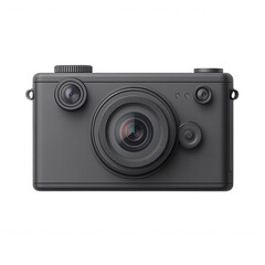 Fototapeta premium Close up front view of a sleek modern dark gray digital camera with a prominent lens and buttons isolated on transparent background