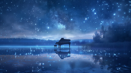 A piano floating in a starlit lake