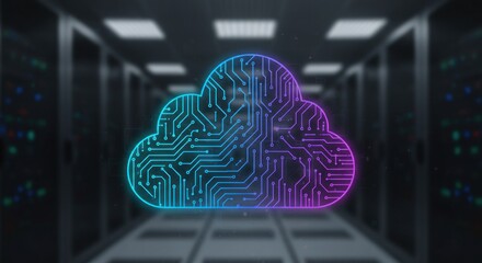 A neon blue and purple cloud icon formed of circuit board lines sits over a blurred server room backdrop, indicating cloud computing concepts